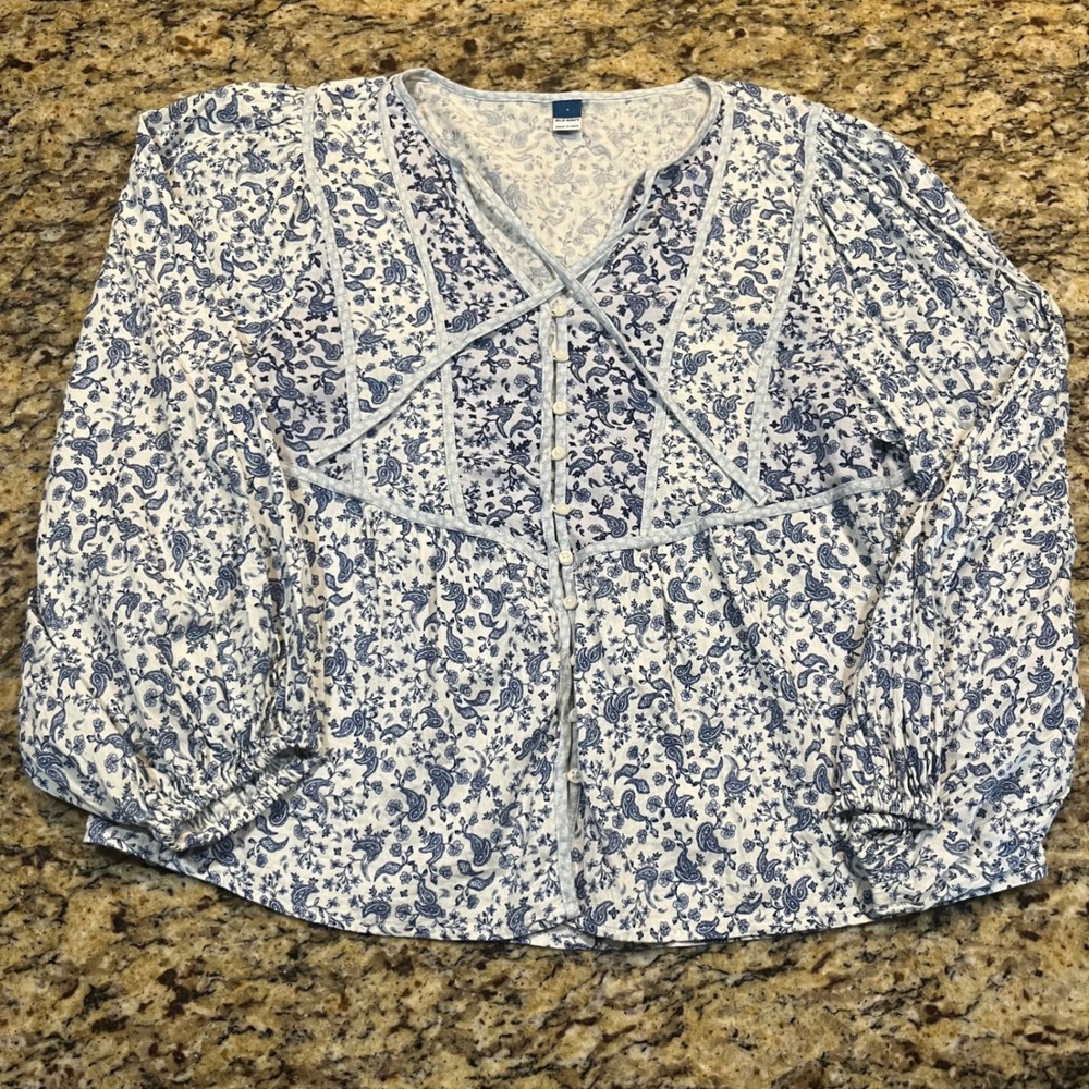 Old Navy Blue White Paisley Floral Button Front Peasant Blouse Top Small Womens